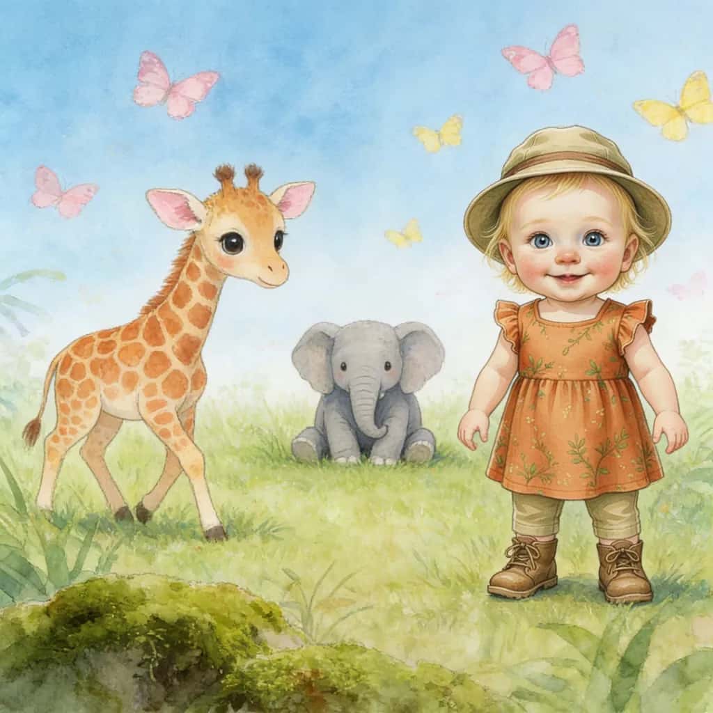 Pagina uit Yara’s Spannende Jungletocht met Yara naast een giraf en een olifantje, dezelfde dieren als op haar geboortekaartje
