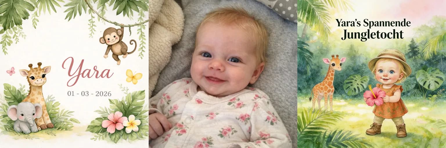 Geboortekaartje van Yara, foto van baby Yara en de cover van haar kinderboek