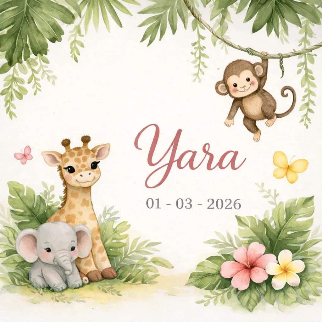 Geboortekaartje van Yara met jungledieren, de basis voor de illustratiestijl