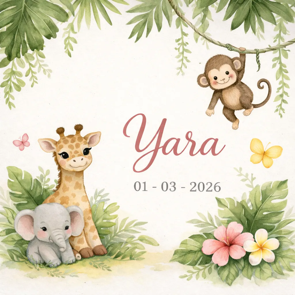 Geboortekaartje van Yara met jungle-thema: giraf, olifant, aap en tropische bladeren