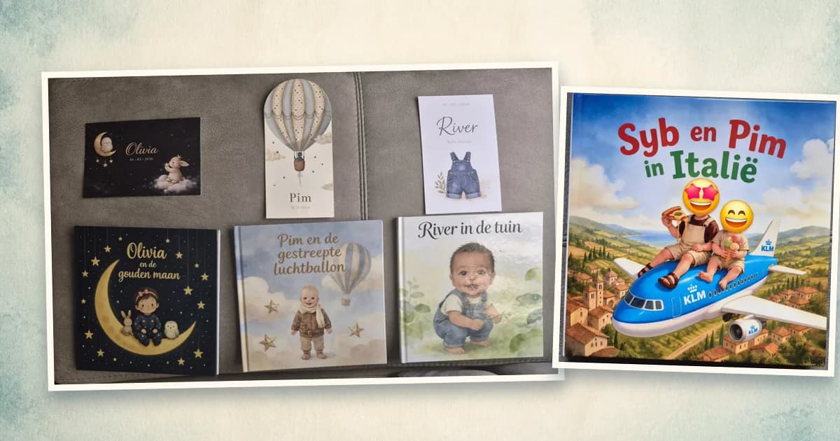 Vier gedrukte gepersonaliseerde kinderboeken van BoekjesAtelier: drie geboortecadeaus met bijpassende kaartjes en het vakantieboek Syb en Pim in Italië