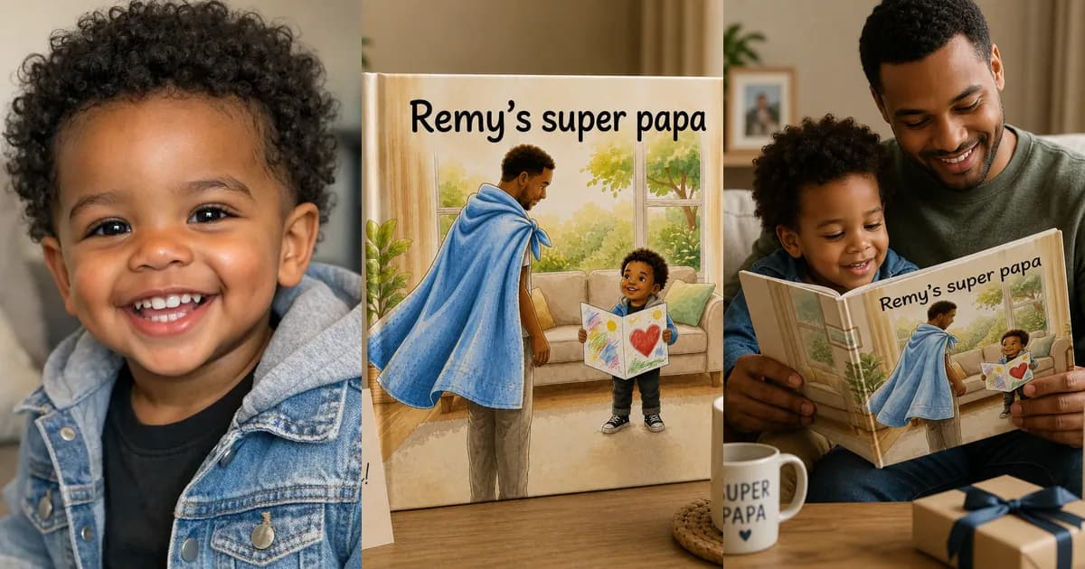 Collage van Remy, de cover van zijn vaderdag boekje "Remy's super papa" en een foto waarin papa en Remy samen het boekje lezen