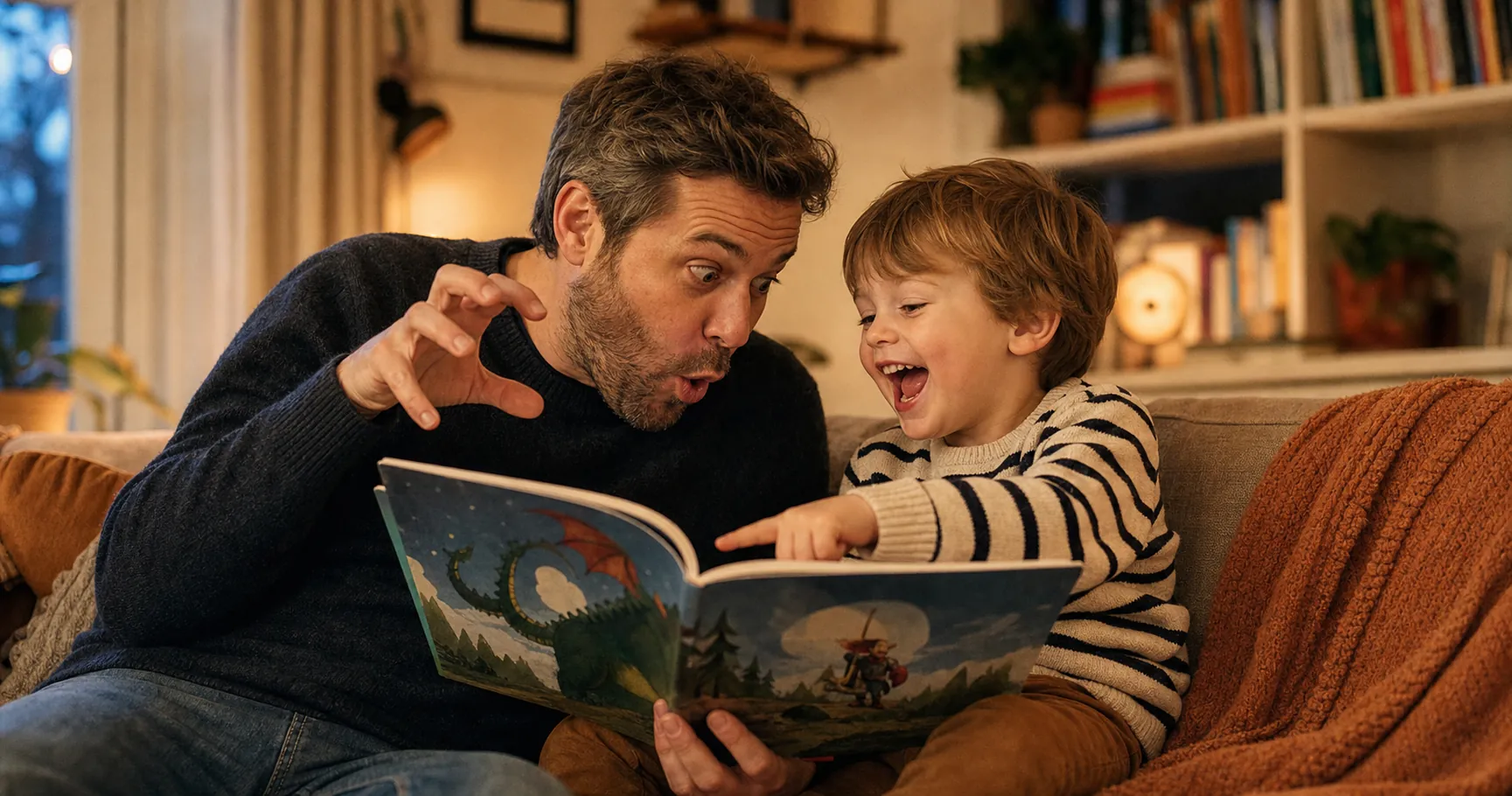 Papa leest samen met zijn kind een persoonlijk kinderboek op de bank